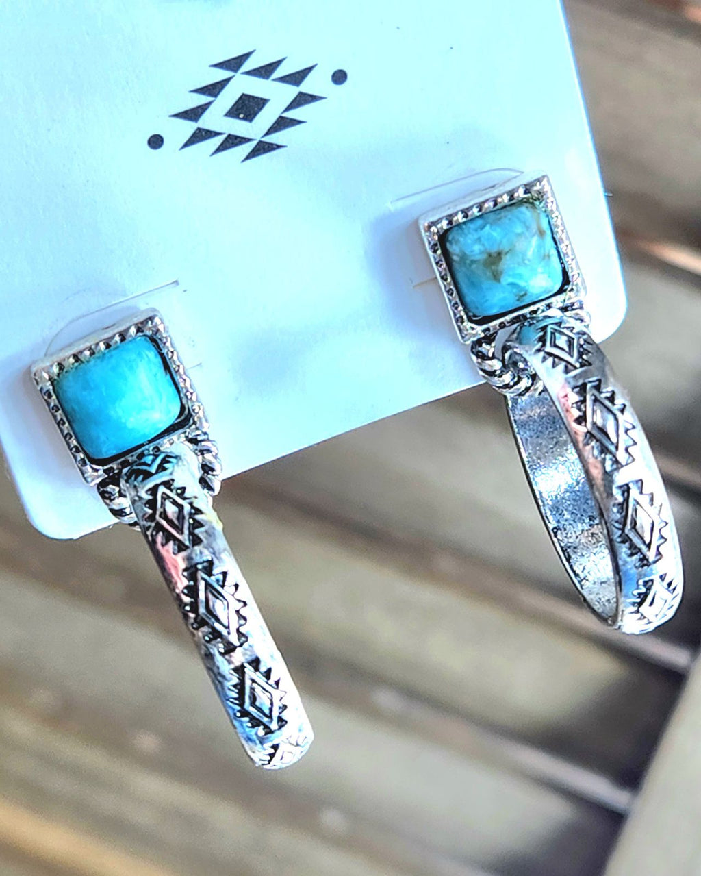 Square turquoise stone with Aztec hoops