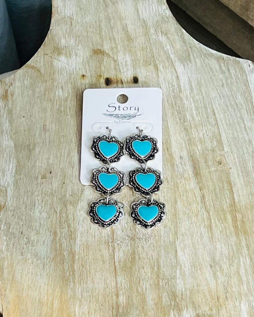 3 turquoise heart dangle earrings