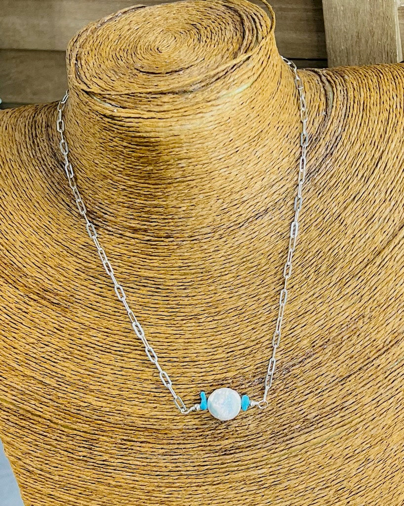 Genuine Turquoise/Silver Single Pearl Necklace