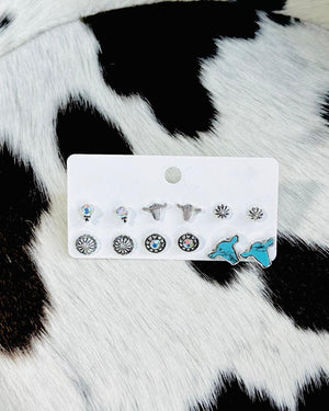 Western 6 Pair Stud Earrings *Cow