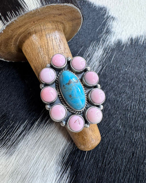 Pink Conch & Kingman Turquoise Ring *Adjustable