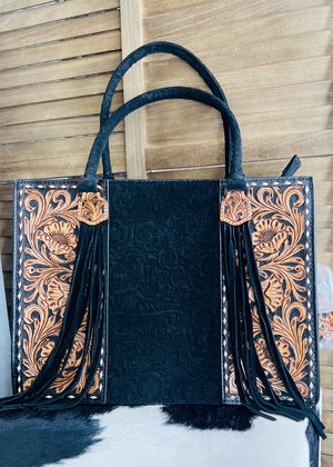 Black AD Suede Tooled Fringe Tote