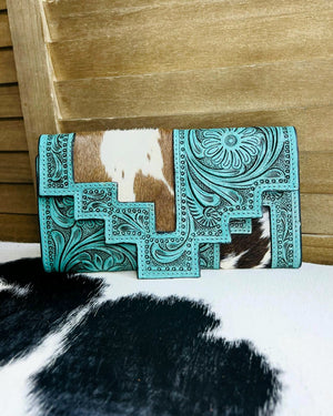 Cowhide Tooled Turquoise Wallet