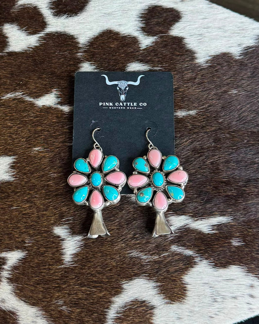 Turquoise & Pink Cluster Blossom Earrings *Native