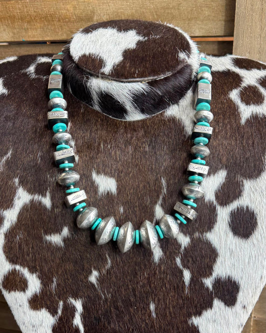 Stamped & Turquoise Handmade Pearl Necklace *Native