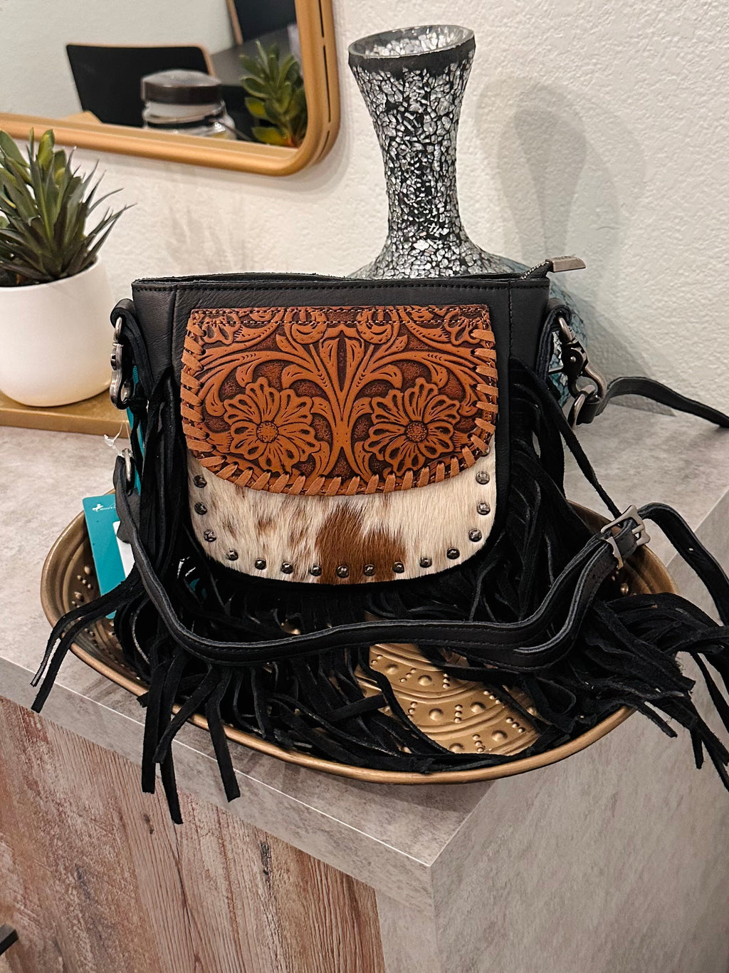 Tooled Leather Cowhide Cross Body Bag