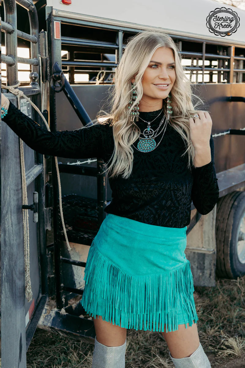 Turquoise Fort Worth Fringe Skirt *size down!