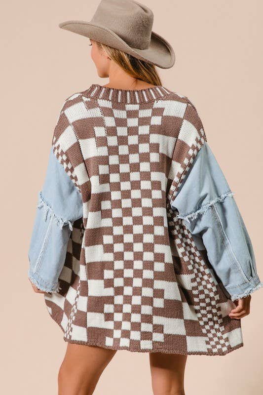 Checkered Washed Denim Cardigan