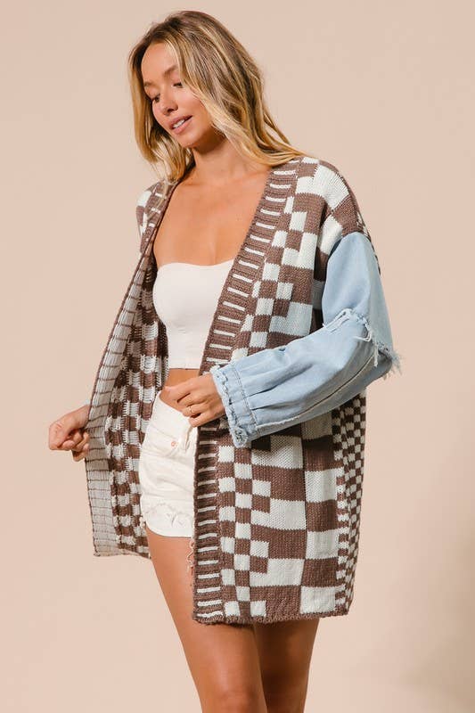 Checkered Washed Denim Cardigan