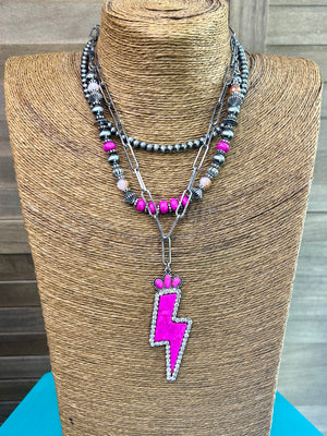 Layered Navajo Pearl and Pink Bolt Necklace