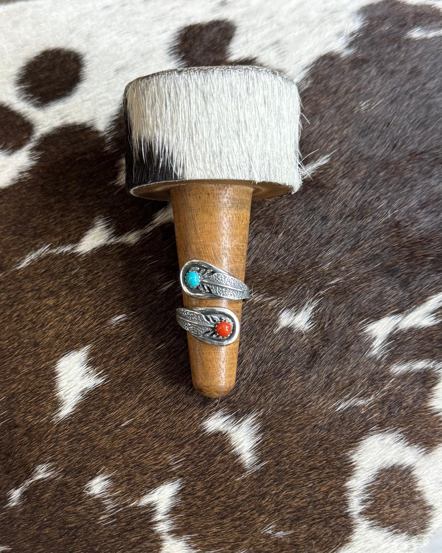 Turquoise & Coral Feather Ring Adj *Native