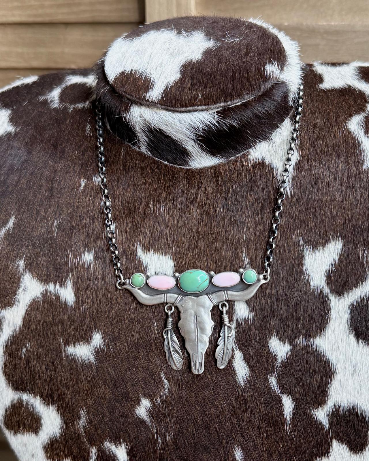 Pink Conch & Green Turquoise Longhorn Necklace *Native