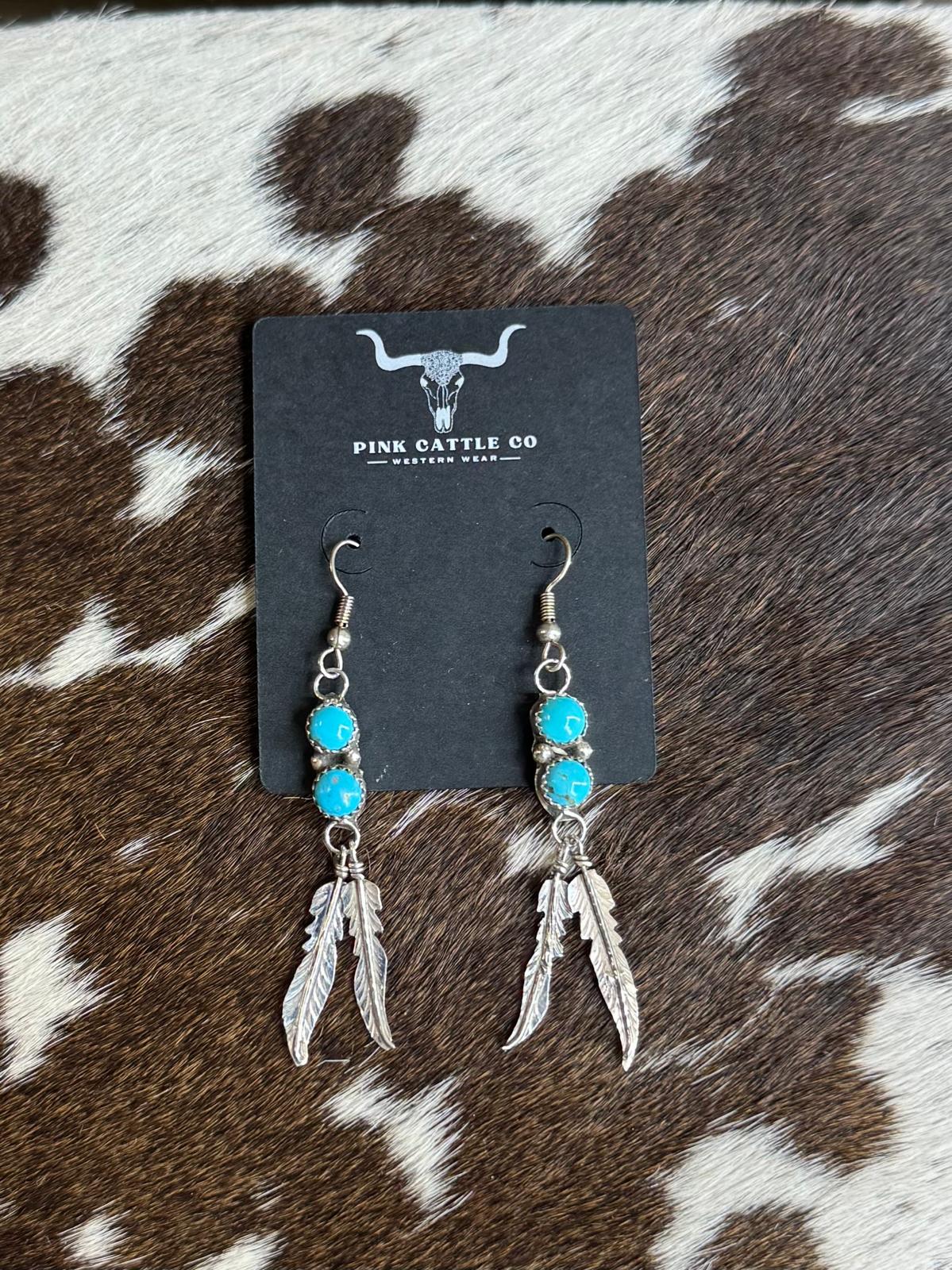 Turquoise 2 Stone Feather Dangle Earrings *Native