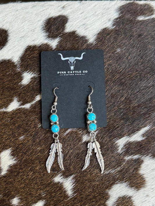 Turquoise 2 Stone Feather Dangle Earrings *Native