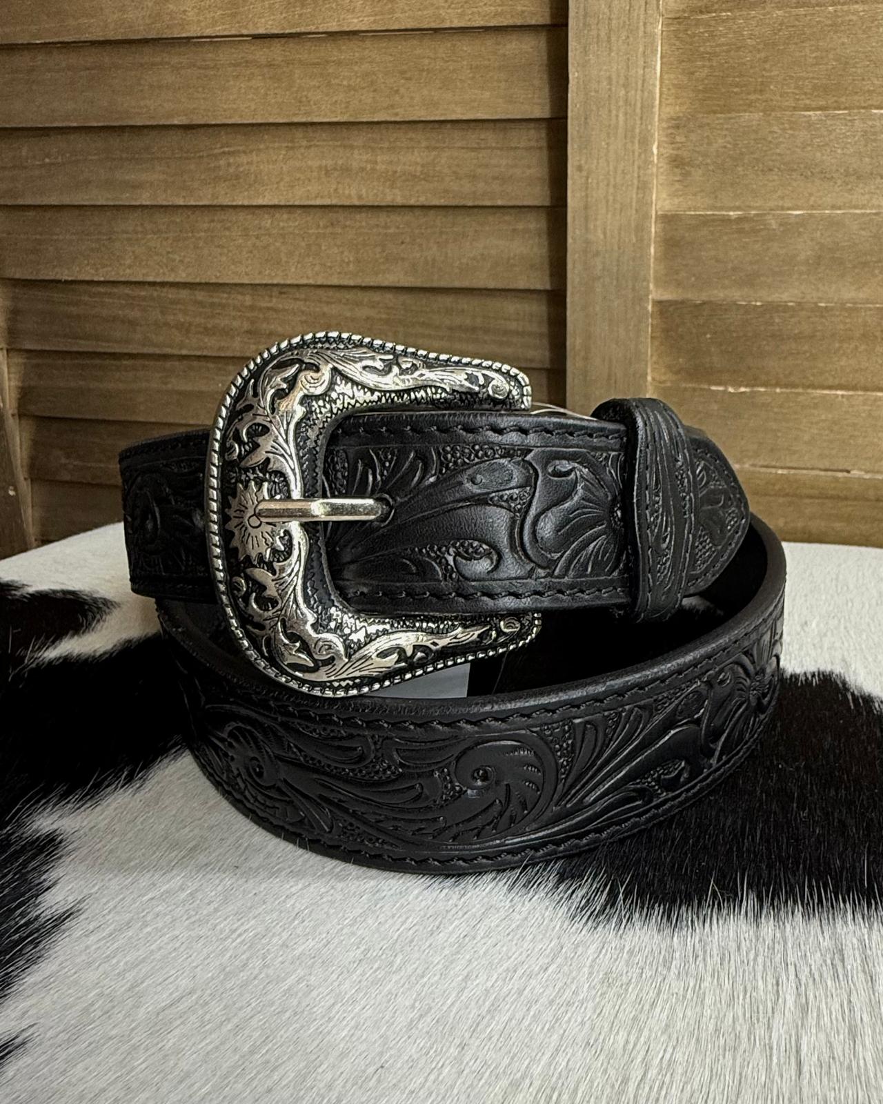 Black Leather Tooled Belt