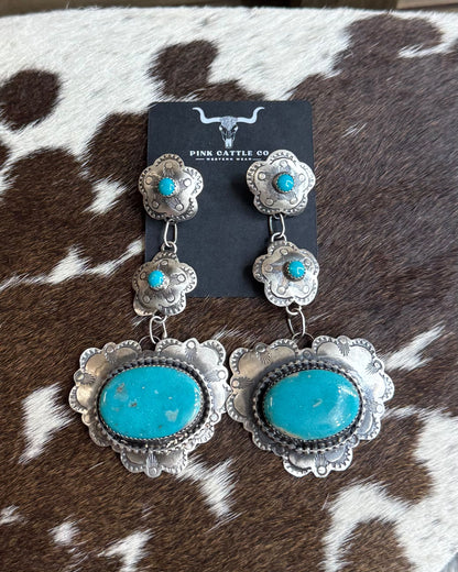 Flower Heart Dangle Blue Turquoise Earrings * Native