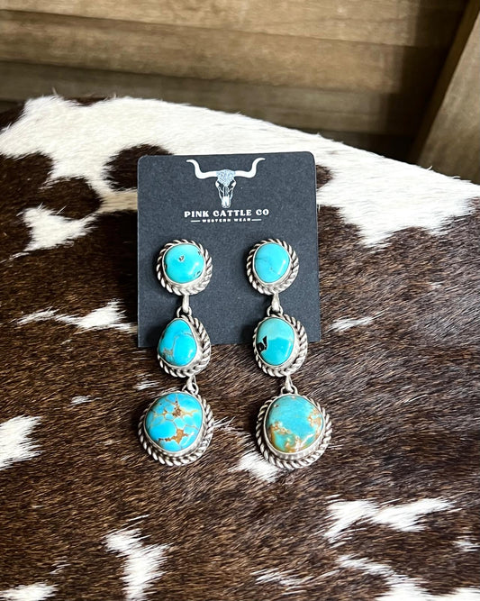 Blue 3 Stone Dangle Earrings *Native