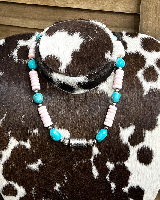 Pink Conch & Turquoise Nugget Barrel Necklace