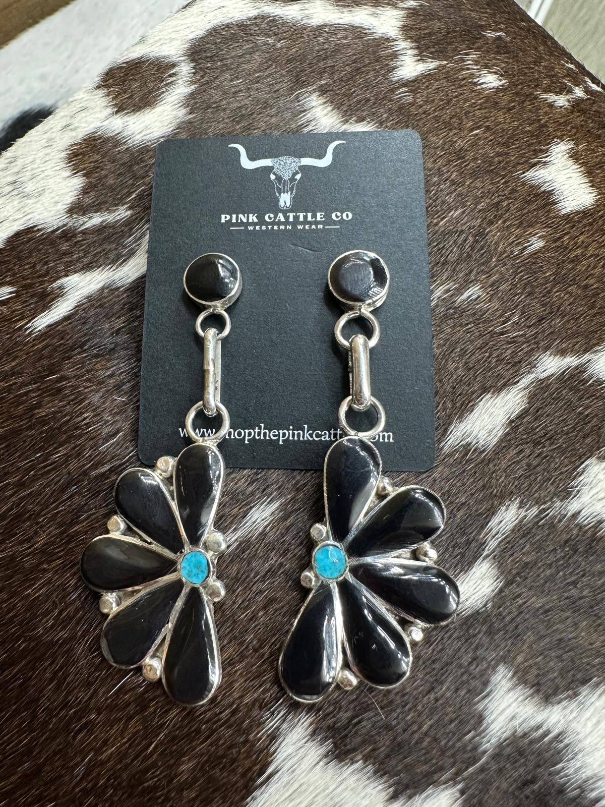 Zuni Black Onyx Half Flower Dangles *Native