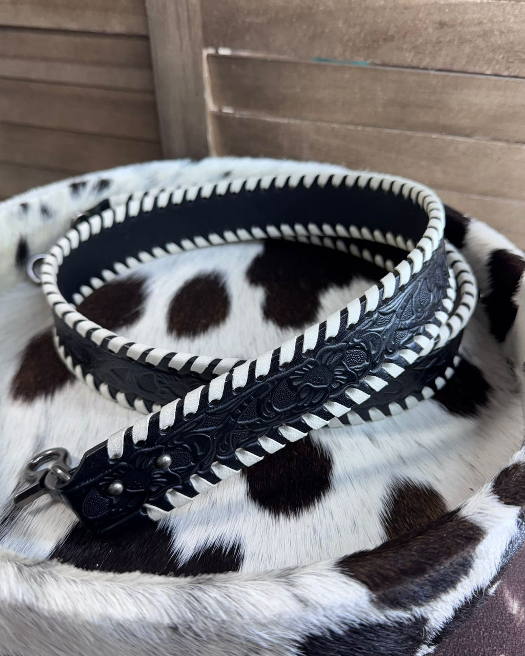 Black/white Leather Whipstitch Bag Strap