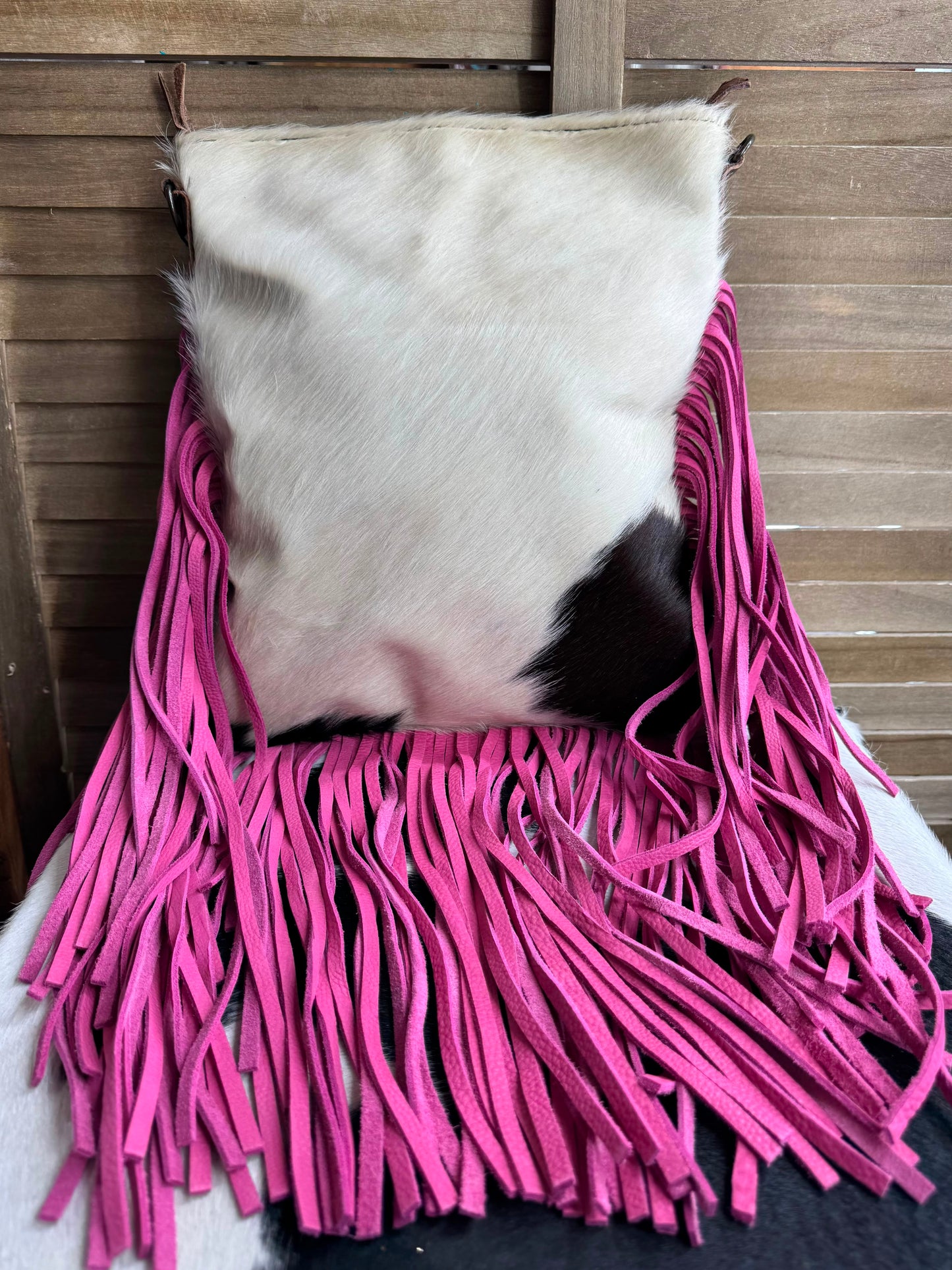 AD Pink Fringe Cowhide Crossbody Purse