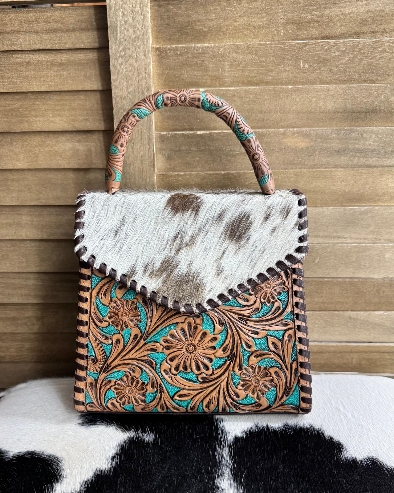Brown & Turquoise Tooled Cowhide Handbag