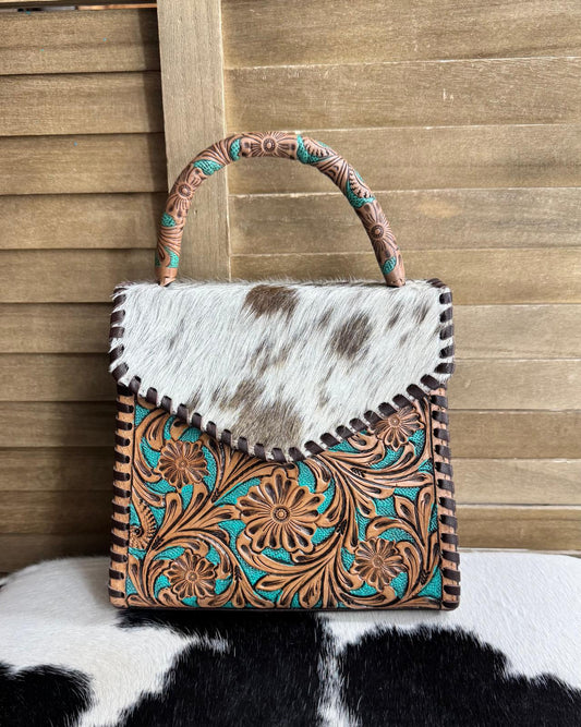 Brown & Turquoise Tooled Cowhide Handbag