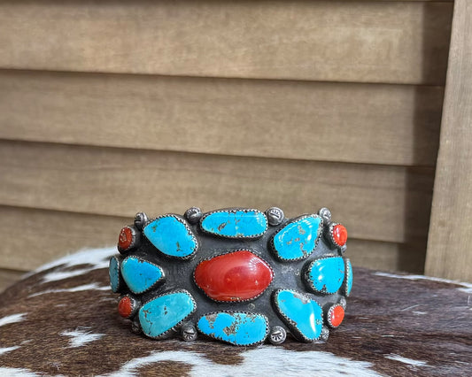 Vintage Turquoise & Coral Cuff *Native
