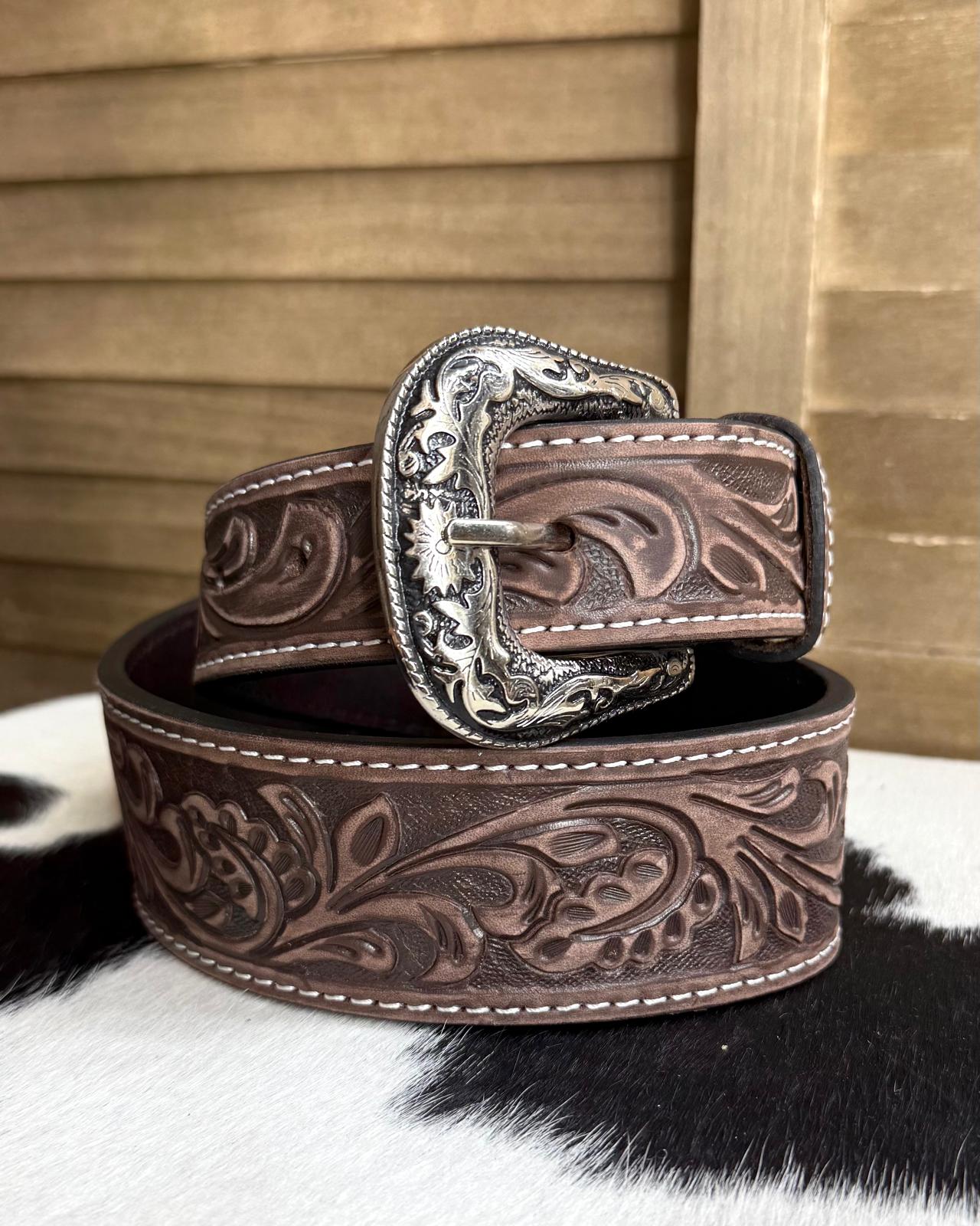 Floral Brown Leather Tooled Belt