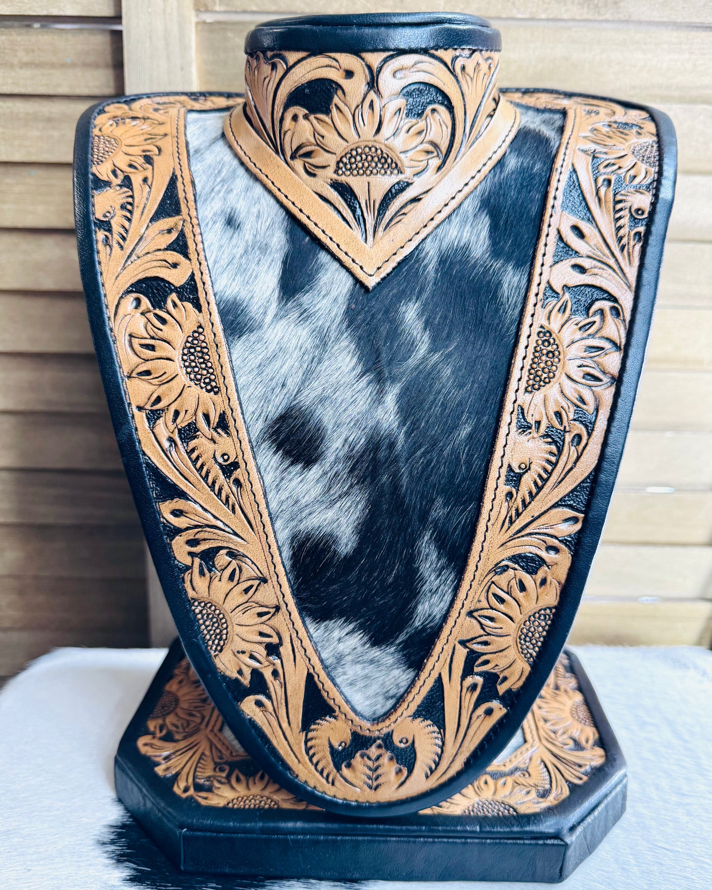 Black Leather Tooled Cowhide Necklace Display