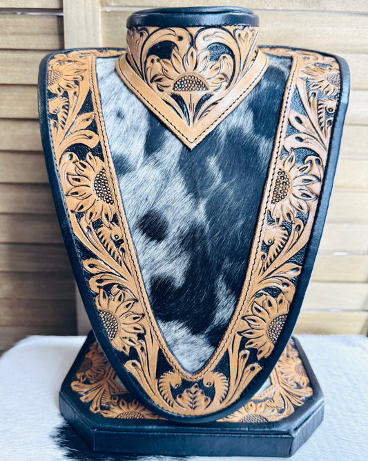 Black Leather Tooled Cowhide Necklace Display