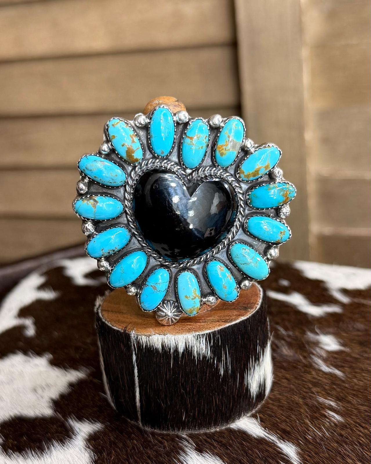Turquoise & Black Onyx Heart Cluster Ring *Native