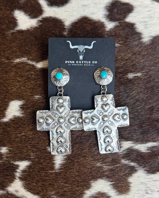 Sterling Heart Stamp Cross Earrings