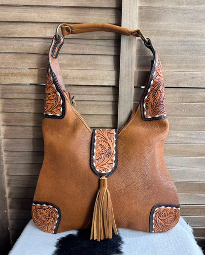 Brown Tooled Clasp Leather Shoulder Bag