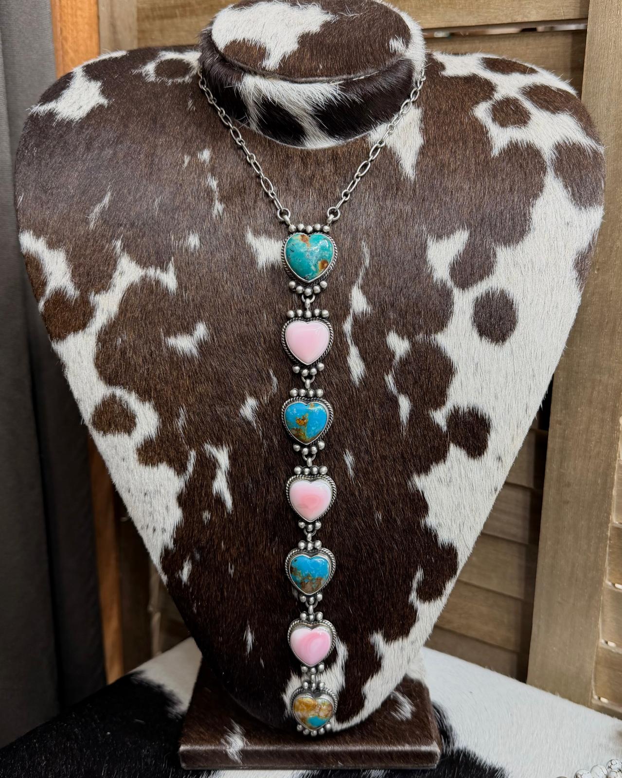 18" Pink & Kingman Heart Drop Lariat *Native