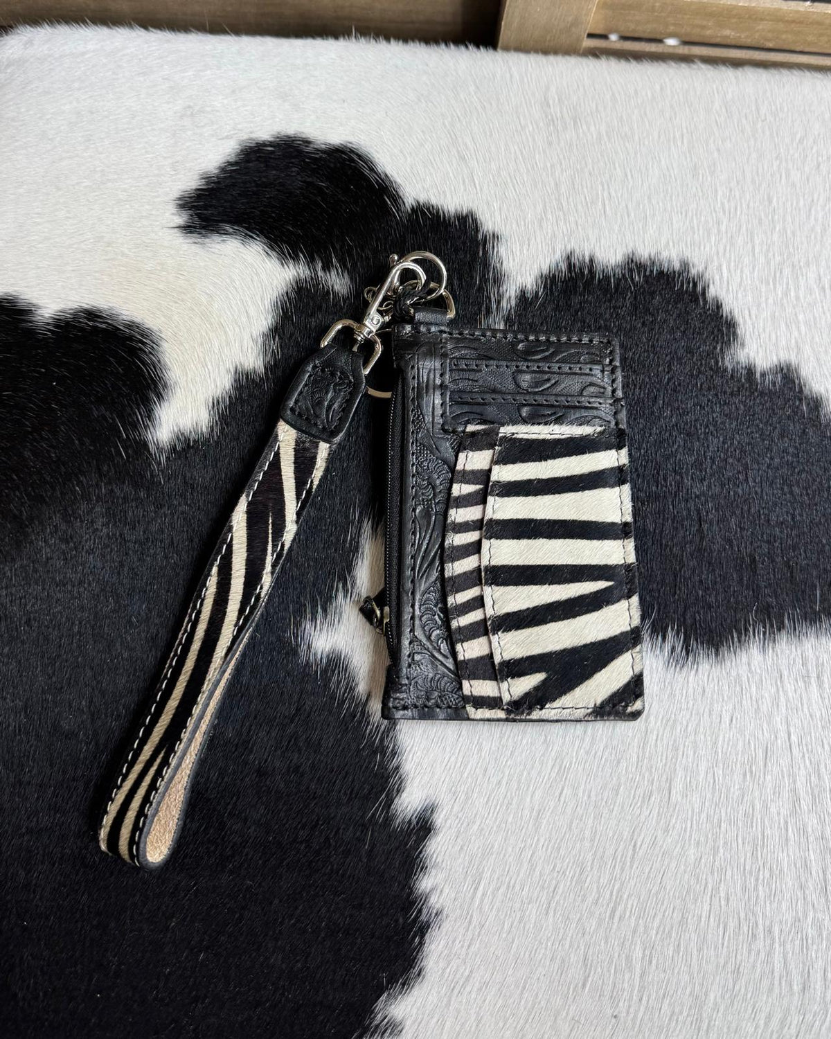 Tooled Leather Zebra Print Wristlet