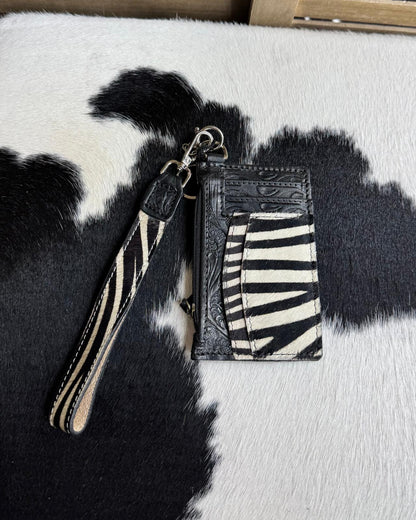 Tooled Leather Zebra Print Wristlet