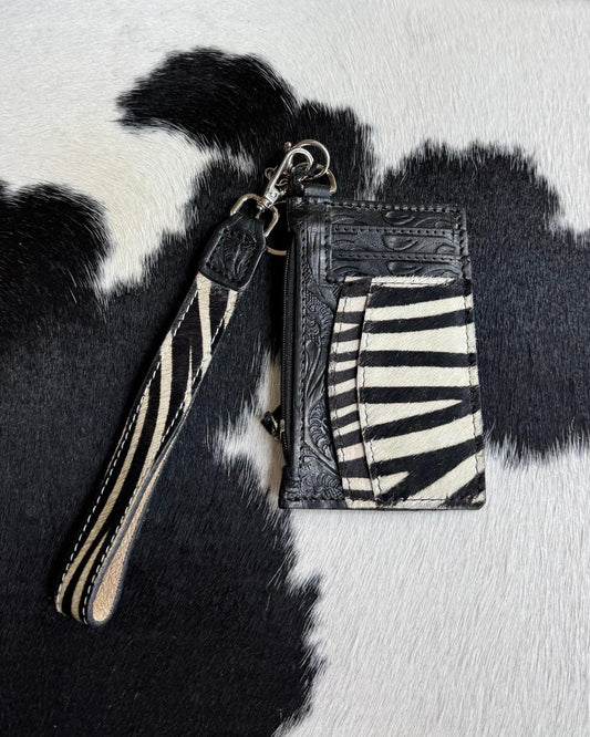 Tooled Leather Zebra Print Wristlet