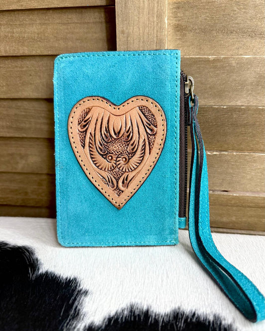 Suede Turquoise Heart Wristlet