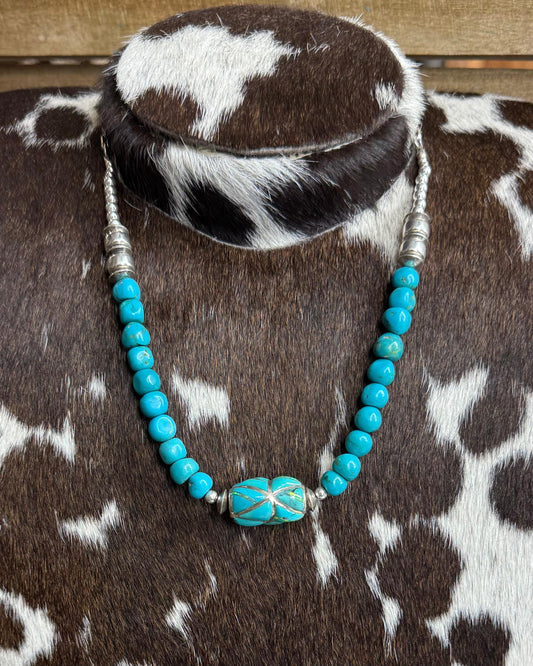 Turquoise Beaded Cylinder Necklace *Native