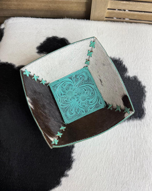 Turqouise Tooled Cowhide Catch All Bowl