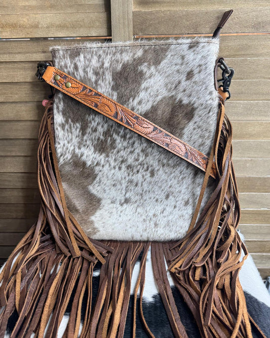 AD Fringe Cowhide Crossbody W/ Tooled Strap