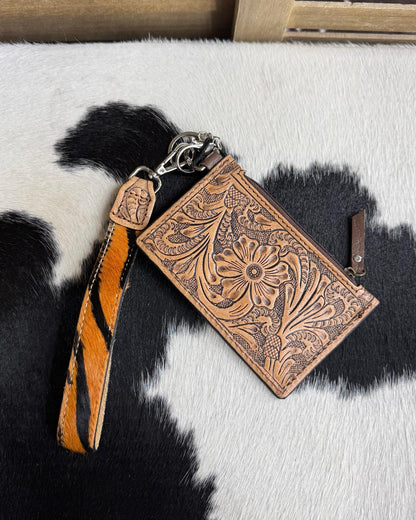 Tooled Leather Tiger Print  Wristlet