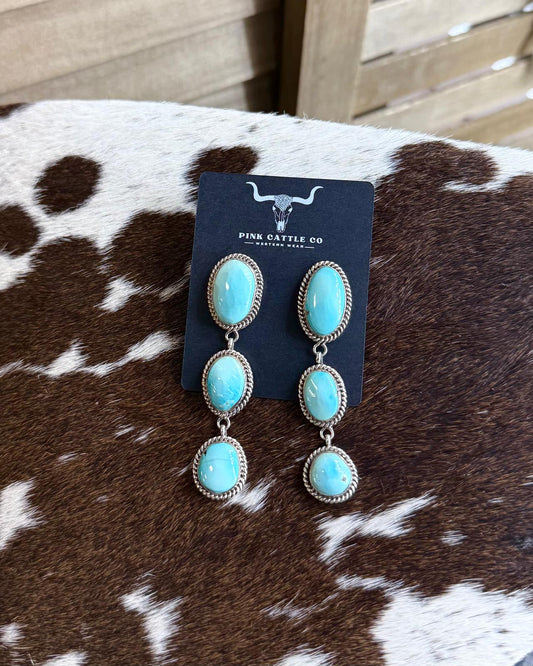 3 Stone Light Blue Dangle Earrings *Native