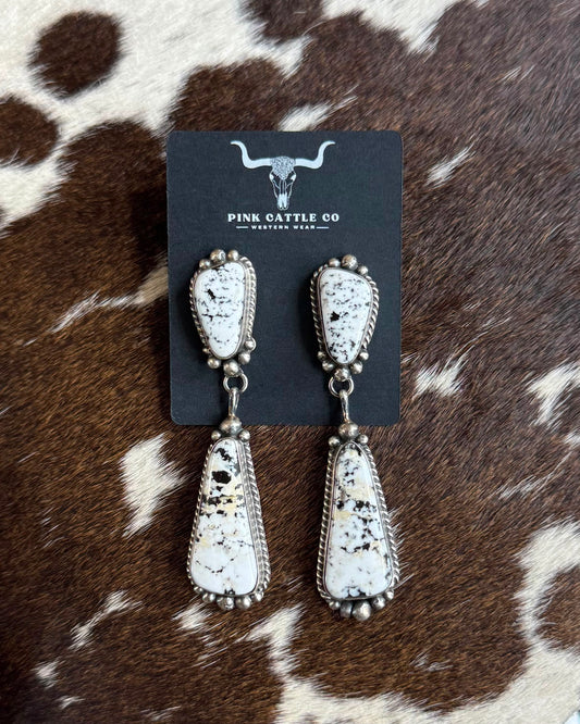 White Buffalo Double Stone Dangle Earrings *Native