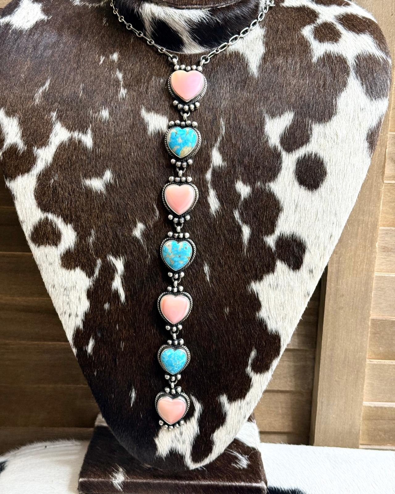 18" Pink & Kingman Heart Drop Lariat *Native