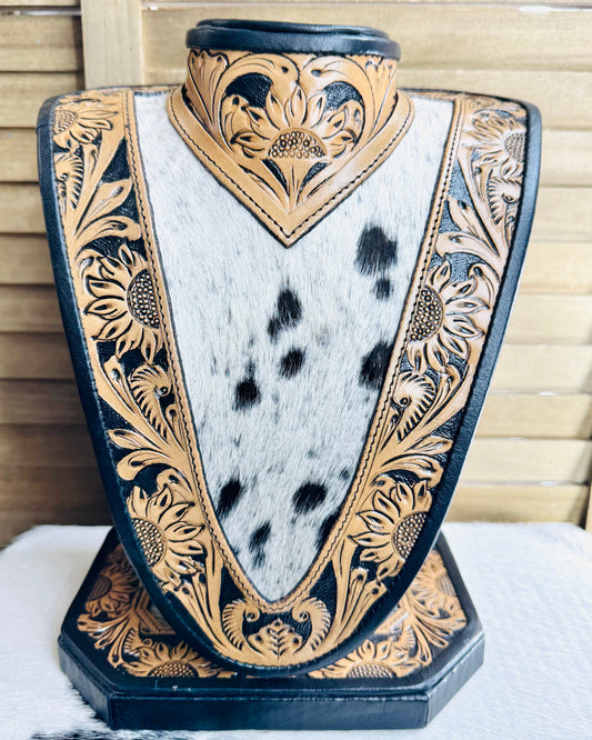 Black Leather Tooled Cowhide Necklace Display