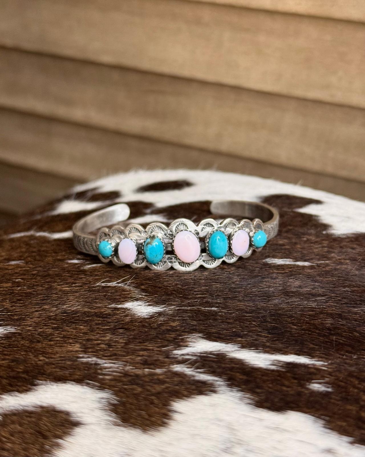 Turquoise & Pink Conch Round Cuff *Native