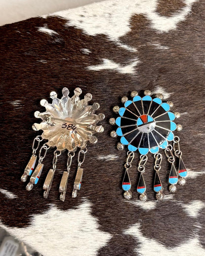 Zuni Sunface Black Onyx & Coral Brooch Pin *Native