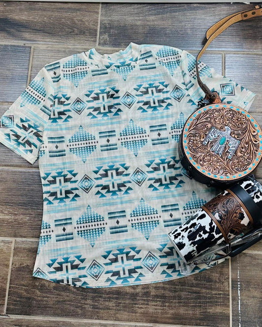 Ivory Turquoise Aztec Mesh Top
